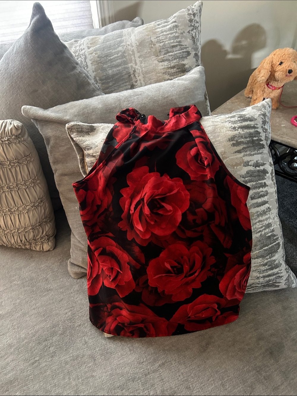 SHEIN Black Halter Top with Red Rose Print